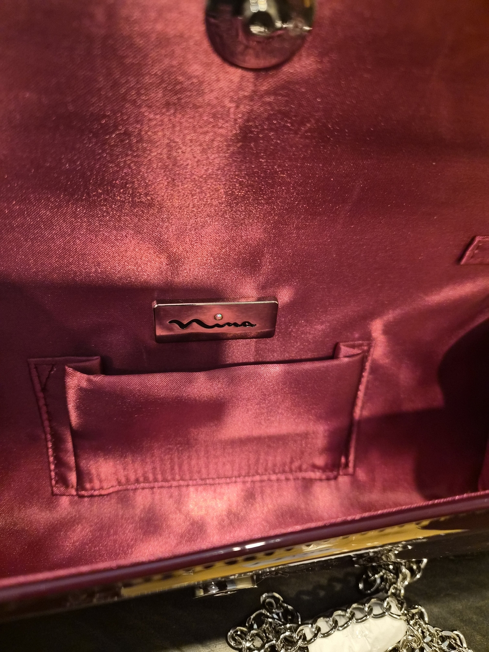 Nina Plum Patent Leather Clutch with Silver Chain - Picture 4 of 5